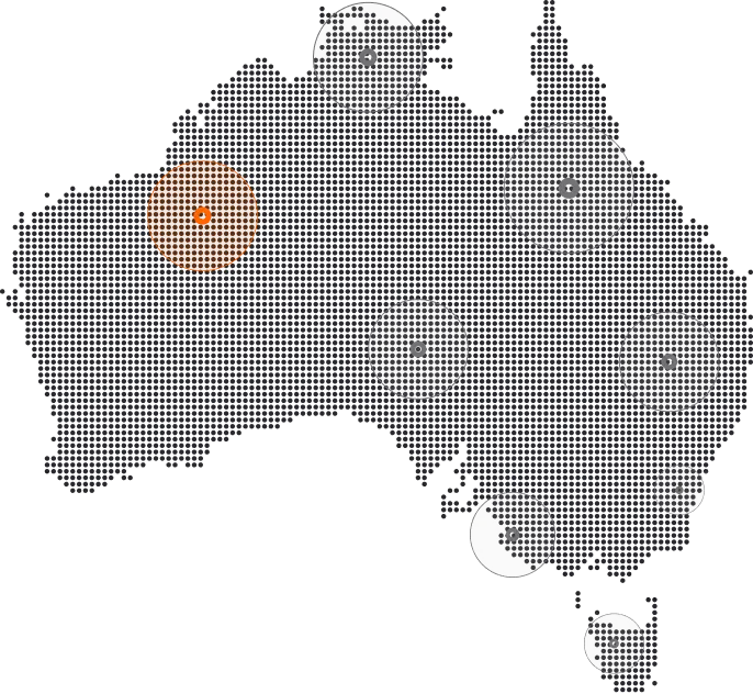 Map of Australia with orange and gray dotted circles highlighting different regions, with one prominent orange circle on the west coast and multiple gray circles spread across other regions.
